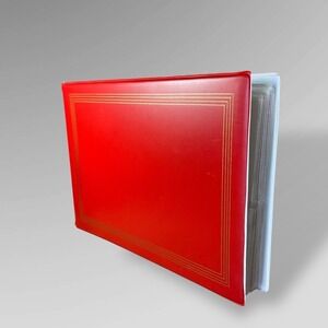 Red Vinyl Photo Album 3 Ring Binder with 15 Clear Sleeve Photo Pages 1970s